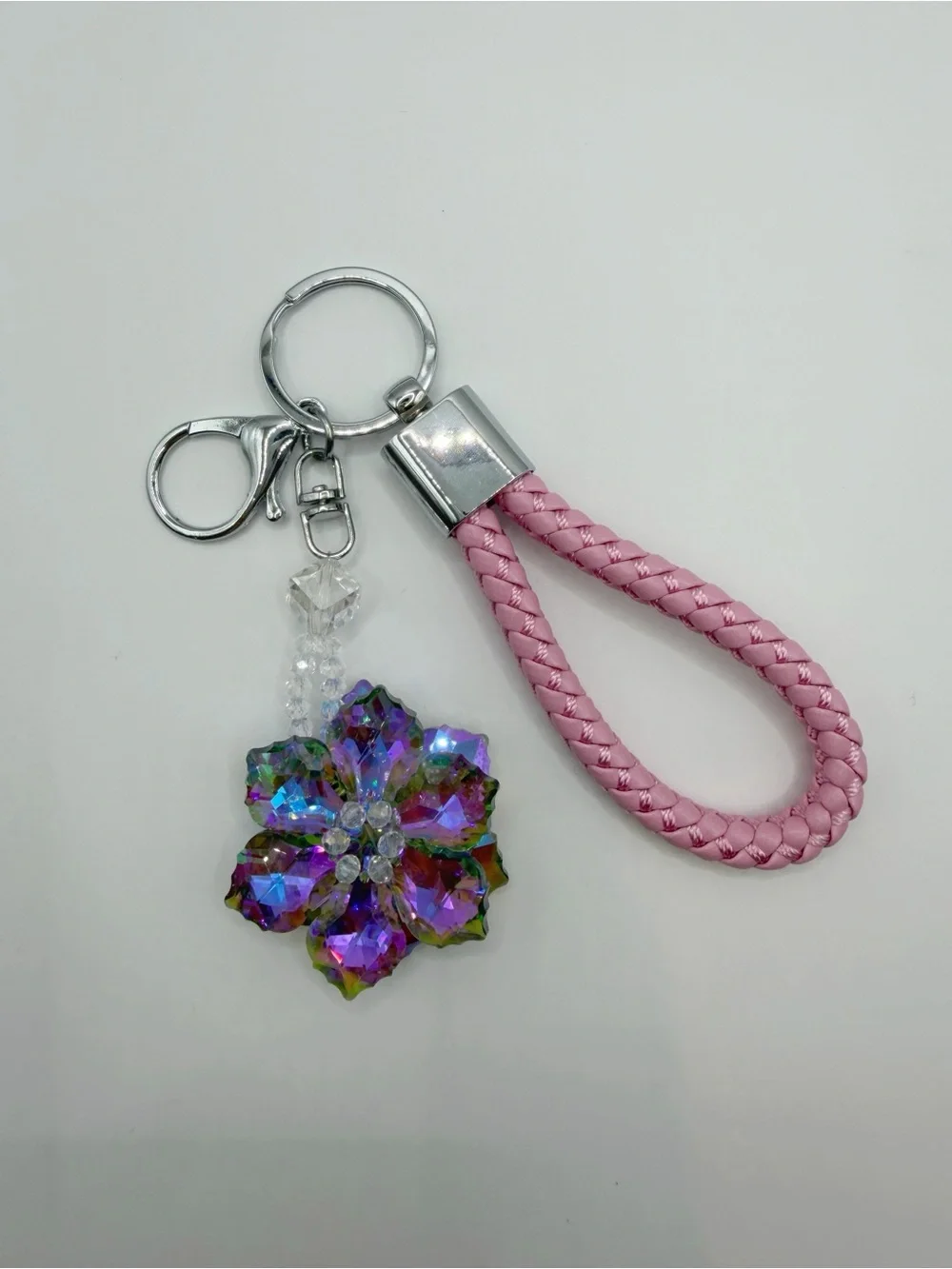 Crystal Flower Keychain | Iridescent Charm Pink Loop Bag Accessory